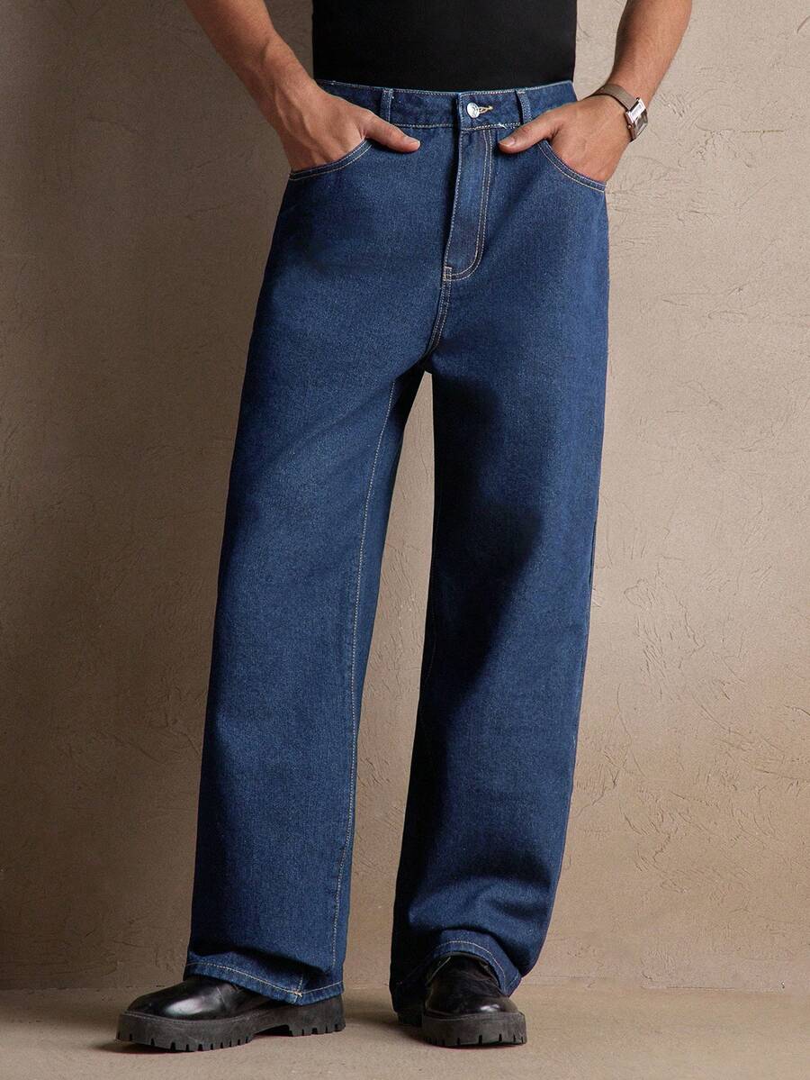 AKNOTIC 男士深蓝色梭织中腰直筒休闲牛仔裤，适合日常穿着、夏季、度假、派对、男士礼物、通勤 - 中等水洗藍 - 查看 1