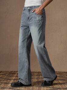 AKNOTIC 男士休闲直筒纯色修身喇叭牛仔裤，适合夏季、度假、日常穿着、派对、情侣装、男士礼物、毕业礼物 - 淺色水洗藍 - 查看 2