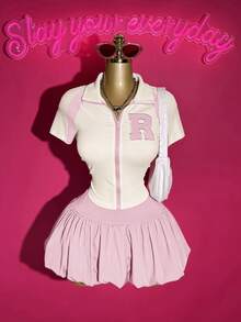 Slaydiva 2025春夏新款休闲街头Y2K可爱嘻哈风绿色撞色拉链外套+蓬松泡泡裙两件套，适合复活节、音乐节、日常穿着、派对、圣诞节、情人节、约会、海滩、邮轮、狂欢节 - 粉色 - 查看 5