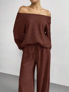 SHEIN EZwear Ensemble Top et pantalon décontracté unicolore pour femmes - Acajou - Voir 6