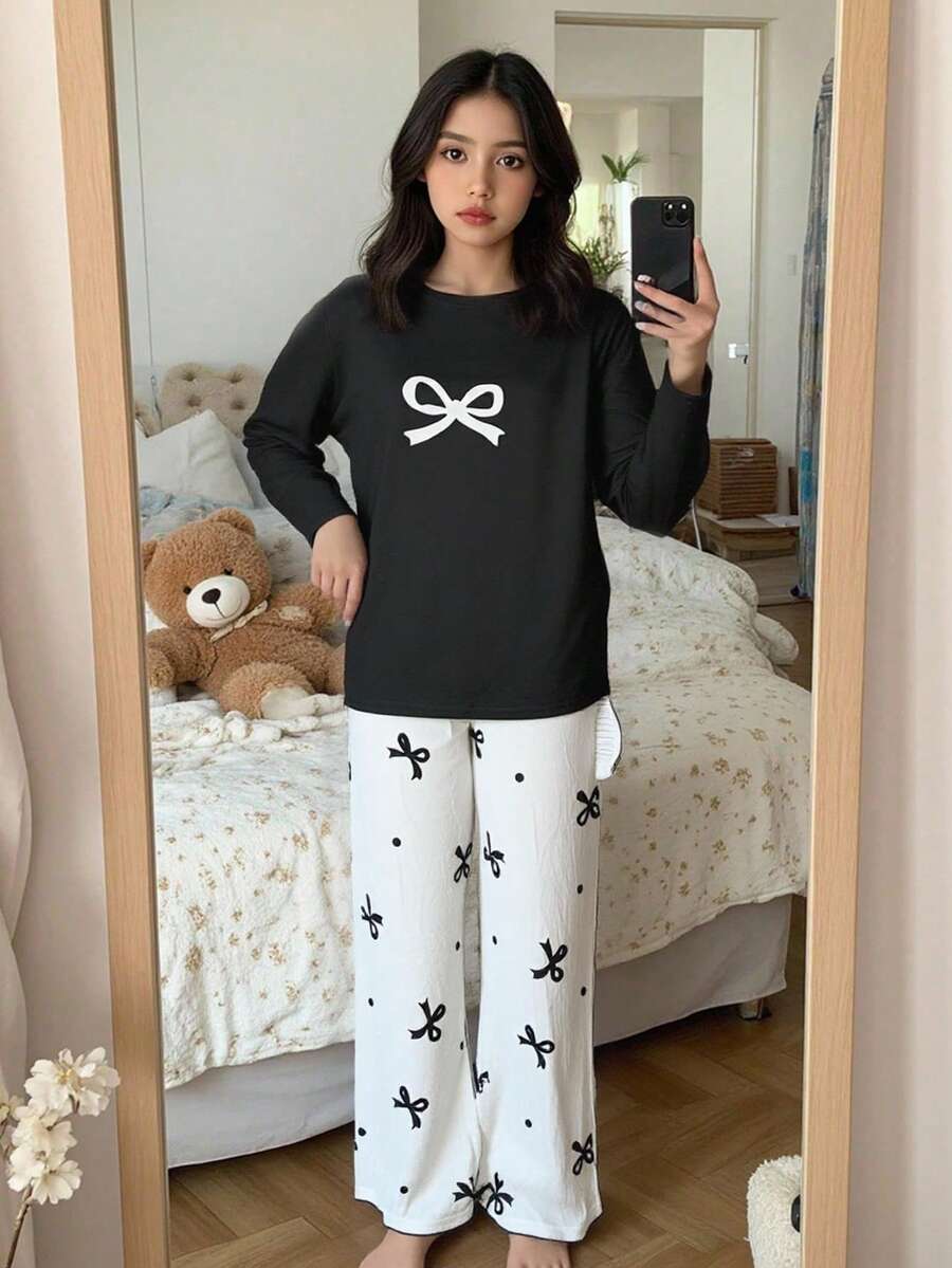 SHEIN 青少年女孩休闲蝴蝶装饰简约圆领长袖家居服套装 - 黑色 - 查看 1