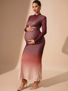 MaterniChic Ombre Long Sleeve Fitted Maternity Dress For Party & Gathering Autumn/Winter Long Party Dresses Pregnancy Photoshoot Dress Elegant Party - Red - View 4