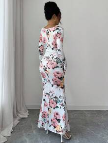 Elenzga 女式优雅花卉印花鱼尾下摆连衣裙，秋季 - 彩色 - 查看 2