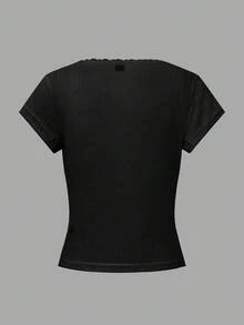 Zielony Áo thun tay ngắn ôm vừa vặn viền ren ngọt ngào dành cho nữ, cài 3 nút, áo thường ngày, mùa hè - màu đen - Xem 8