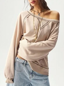 Bohemela 女士休闲纯色针织圆领宽松长袖运动衫秋冬女装 - 杏色 - 查看 3