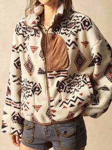 Bohemela 女式休闲宽松几何图案长袖仿皮草内衬常规夹克，秋冬 - 杏色 - 查看 5