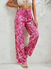 SHEIN Cottnline 花卉和植物印花休閒直腳褲 - 粉色 - 查看 5