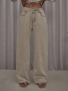 MUSERA Contrast Stitch Wide Leg Washed Tie Waist Denim Jeans Streetwear Cute Classy Casual Sexy Going Out Toffee  Chic Spring Summer - Khaki - View 2