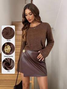 SHEIN LUNE Conjunto de 2 piezas de top de manga larga de cuello redondo de unicolor y falda plisada asimétrica de cuero PU para mujer, de moda para otoño, ropa de otoño para mujer, ropa de invierno para mujer, disfraz de Halloween, atuendo de Año Nuevo, conjunto casual para mujer, conjunto de 2 piezas con hebilla de metal rosa, ropa elegante - Marrón - Ver 2