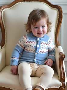 PrepCrw 1 件婴儿男孩/女孩优雅城市可爱费尔岛图案开衫毛衣，适合日常休闲、外出、聚会、秋冬季 - 彩色 - 查看 1