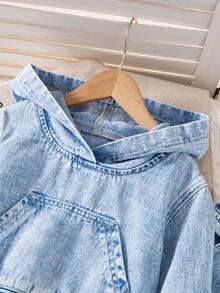 Sparklyn Young Girl Denim Set, Casual Personalized Fashion Denim Hooded Sweatshirt + Loose Pocket Cargo Pants With Belt, Cool Stylish 2-Piece Outfit, Blue, Suitable For Daily, Casual, Holiday Fall Winter - Blue - View 5