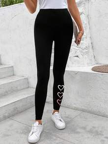 SHEIN LUNE Heart Pattern Casual Sports Knitted Leggings For Women, Ankle Length, Suitable For Spring/Autumn Suitable For Going Out,Casual - Black - View 8