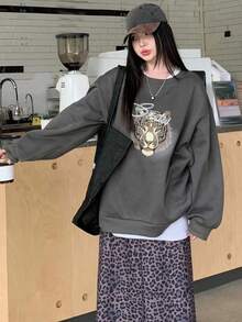 DAZY 女士虎纹抓绒圆领卫衣和豹纹长裙休闲两件套，冬季家居服套装 - 深灰色 - 查看 7