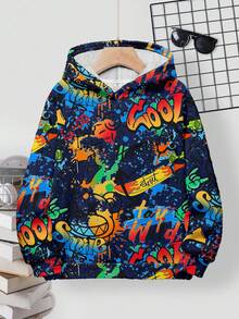 SHEIN Tween Boy Casual Loose Comfortable Cool Hip Hop Classic Color Smiling Face Graffiti Print Long Sleeve Hoodie Sweatshirt, Suitable For Autumn/Winter