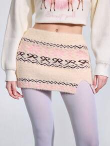 ROMWE Avant Y2K Fairisle 奶油色心形与十字提花仿皮草裹腰系带开衩针织迷你裙女款 - 彩色 - 查看 4