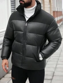 Manfinity Homme 男士长袖拉链开襟保暖冬装外套，宽松轻便 - 黑色 - 查看 5