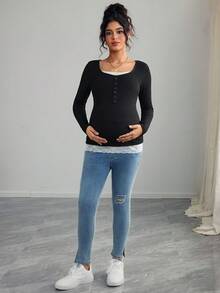 Momance Camiseta de maternidad de punto acanalado con parches y contraste de color con encaje