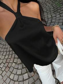 MainGRL 女士性感纯色缎面露背吊带衫，夏季黑色缎面吊带背心，黑色吊带衫，黑色露背吊带衫，女士黑色无袖上衣 - 黑色 - 查看 3
