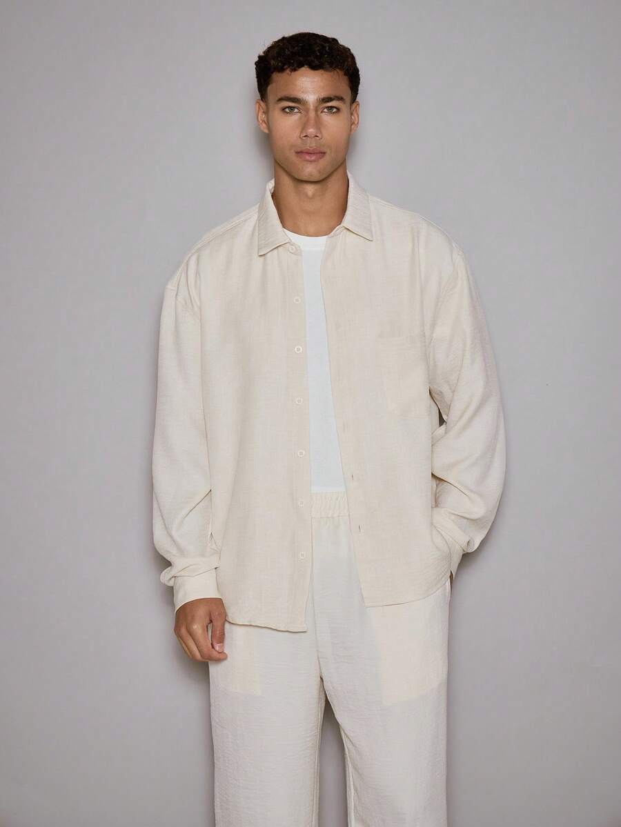 SHEIN X Scheana Musero Men Oversized Long Sleeved Linen Shirt Only Spring Summer Vacation Easter - Apricot - View 1