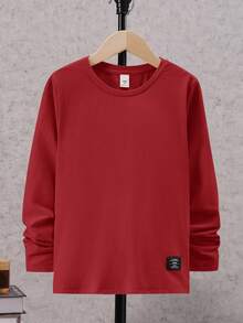 SHEIN Boys' Casual Solid Color Round Neck Long Sleeve T-Shirt - Red - View 8