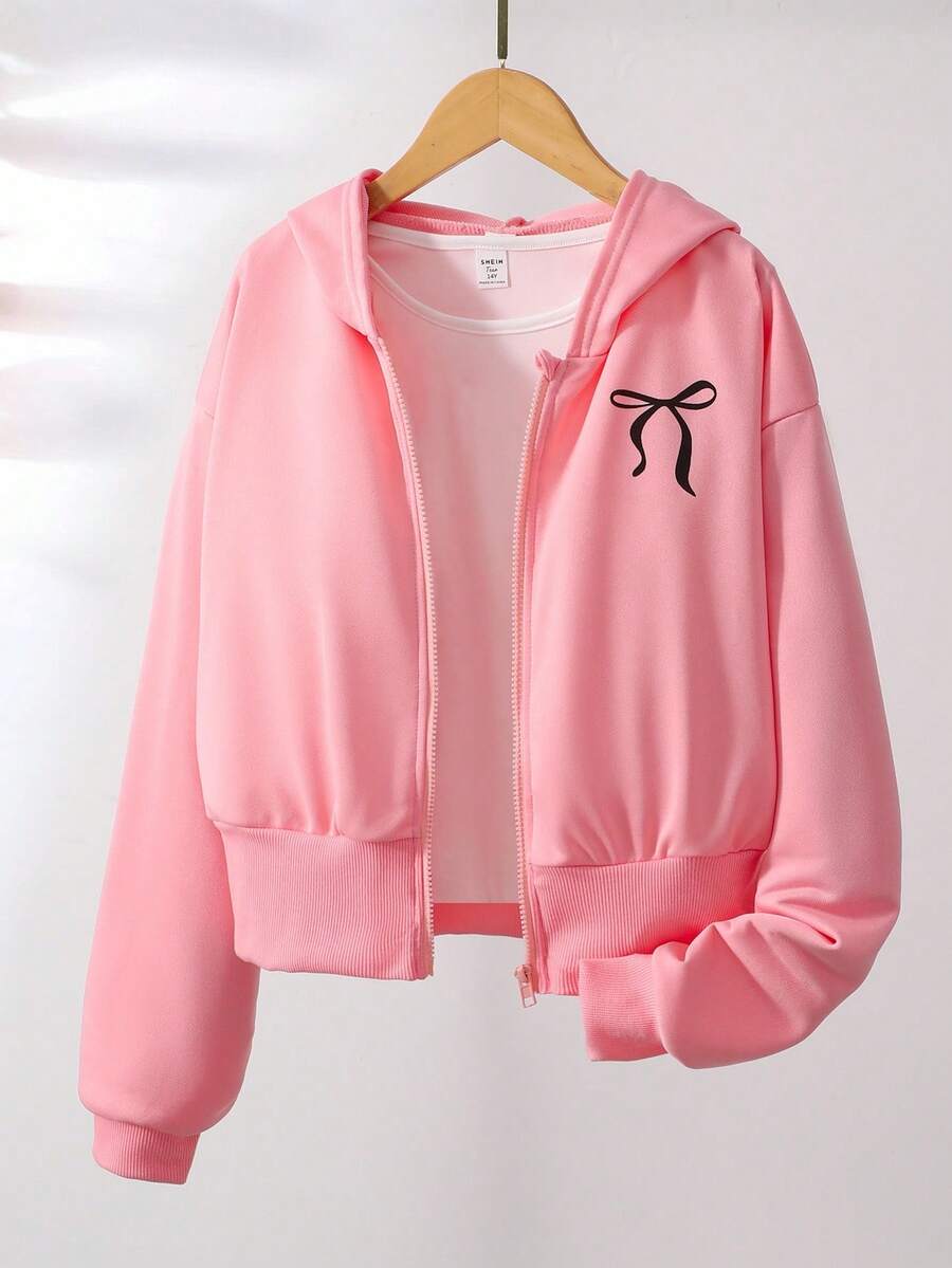 少女甜美又个性的蝴蝶印花短款拉链卫衣，春秋/秋冬款 - 粉色 - 查看 1