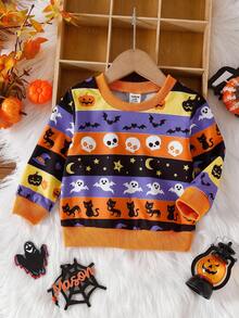 SHEIN Playful Pals 婴幼儿男童秋季运动衫，万圣节风格南瓜、幽灵、蝙蝠印花圆领套头衫，舒适可爱，百搭 - 彩色 - 查看 1