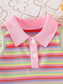 SHEIN Atasan Polo Tanpa Lengan Berkerah Garis-Garis Warna-warni Modis untuk Bayi Perempuan, Musim Semi/Panas - MultiWarna - View 3
