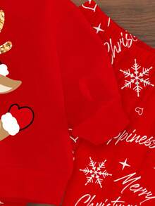 SHEIN 女婴圣诞可爱卡通鹿休闲针织柔软厚圆领长袖运动衫和雪花印花打底裤套装，适合秋冬季 - 彩色 - 查看 5