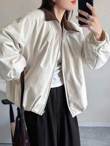 FRIFUL 女士休闲宽松拉链外套，撞色领口，褶裥装饰，抽绳下摆，适合秋冬季节穿着。 - 杏色 - 查看 4