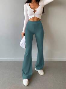 EURMUSE Solid Flare Leg Pants - Green - View 3
