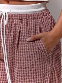 MUSERA Checkered Contrast Drawstring Waist Wide Leg Loose Fit Trousers  Summer Streetwear Y2k Cool Girl City Muse Vacation Work, Office Fall, Autumn, Winter,  Elegant - Pink - View 6