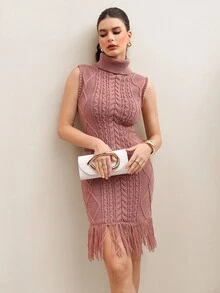 Modelyn Elegantes Damen-Strickkleid mit Zopfmuster, Rollkragen und Fransen-Saum, ärmellos - Pink - Übersicht 5