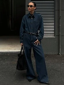 DAZY 女士休闲口袋衬衫和阔腿牛仔裤套装，秋季 - 藍色 - 查看 7