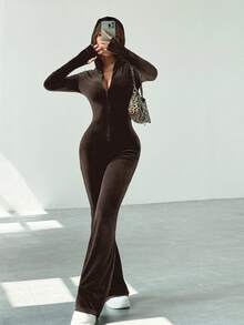 SHEIN EZwear Women's Casual Minimalist Coffee Brown Velvet Jumpsuit, Autumn/Winter - Coffee Brown - View 4