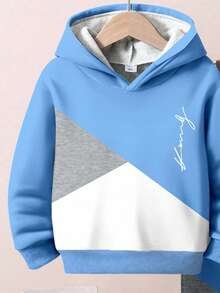 SHEIN 2 件套年轻男孩休闲时尚拼色卡通运动风格宽松套头连帽运动衫套装，适合秋冬季 - 彩色 - 查看 4