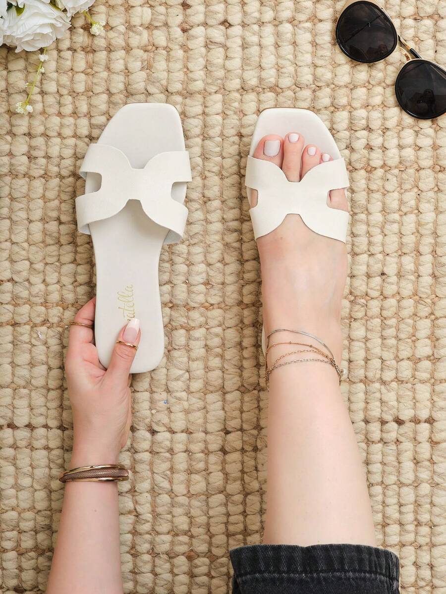 Sandalia de piso mujer, sandalia plana básica, sandalia tipo H femenina, sandalia urbana minimalista, sandalia plana veraniega. - Blanco - Ver 1