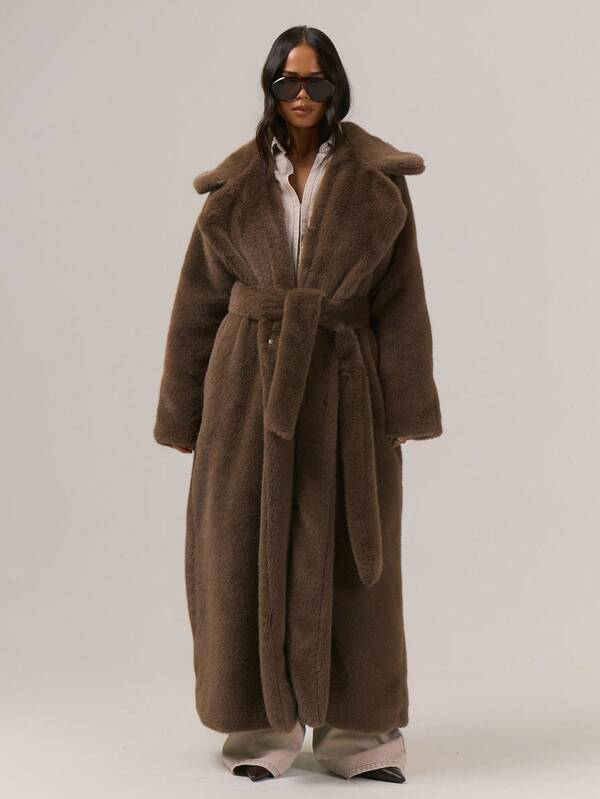 MUSERA Oversized Loose Fit Belted Maxi Length Fuzzy Fur Coat Classy Sexy Cute Night Out Vacation Autumn Fall Winter Outerwear September Christmas Party Elegant Evening