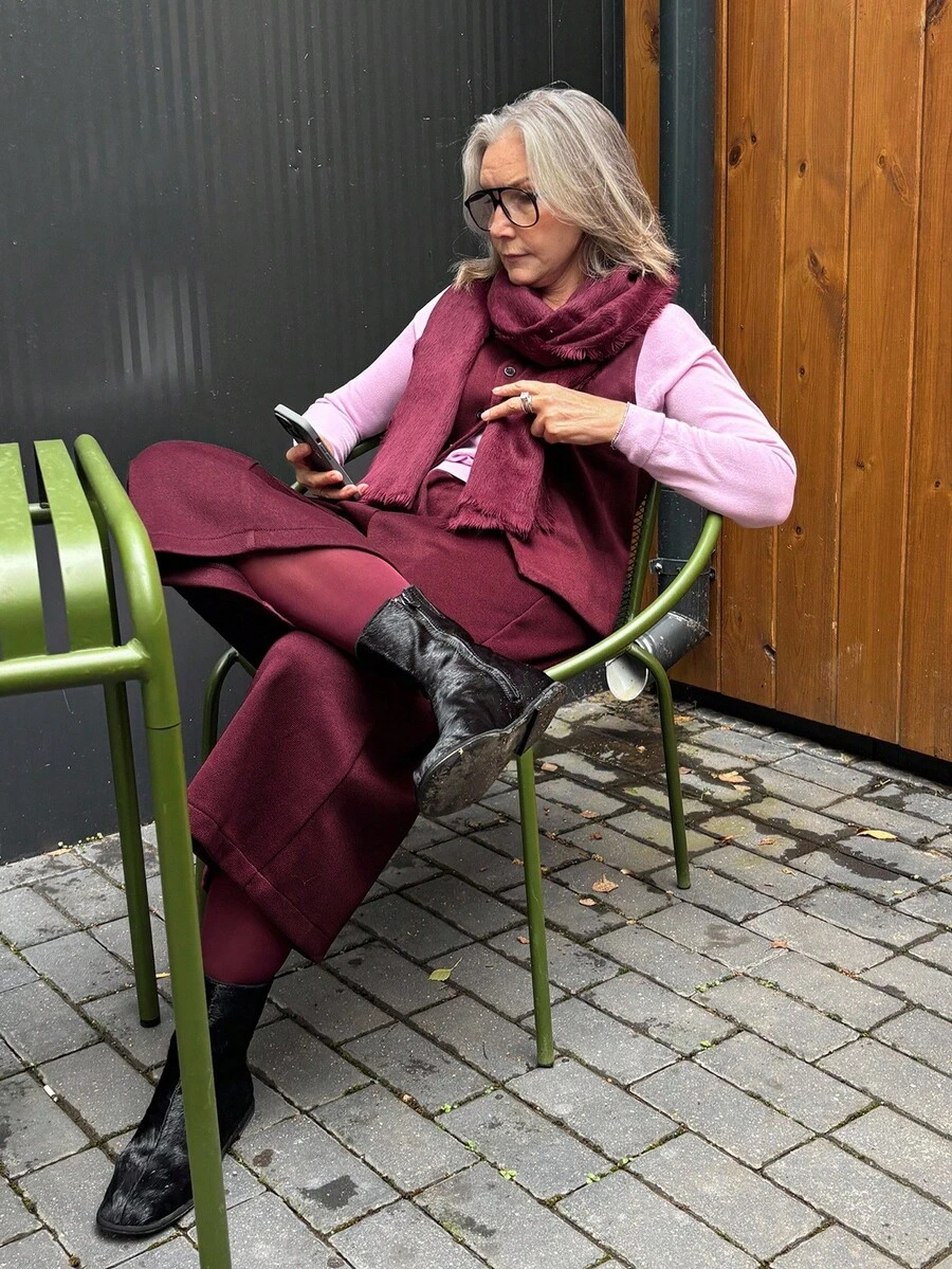 Vivie Lora Conjunto de 2 piezas de chaleco y pantalones cortos de unicolor de lana para mujer, estilo casual y de oficina - Burdeos - Ver 1