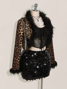 SHEIN ICON 大码女式豹纹 Y2k 毛绒装饰系带短款夹克秋冬女装 - 彩色 - 查看 6