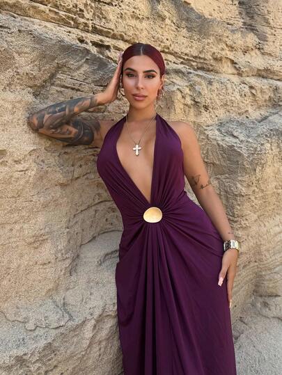 Bearsaez Vestido de punto sin espalda de unicolor para mujer