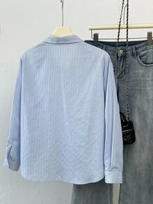 Elamini 1 pieza Camisa de mujer casual de manga larga con botones, estampado de rayas y bordado, estilo minimalista para uso diario, primavera/otoño - Azul - Ver 7