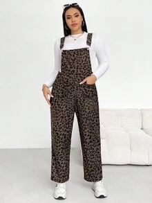 SHEIN Essnce Plus Size Women's Autumn And Winter Fashion Casual Loose Comfortable Daily Corduroy Brown Leopard Overalls,Women Bottom,Fall Outfits,Leopard Jumpsuit