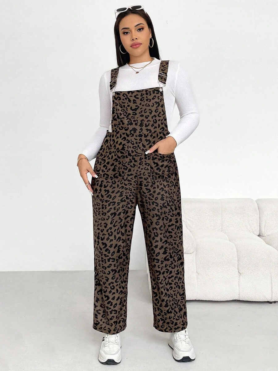 SHEIN Essnce Plus Size Women's Autumn And Winter Fashion Casual Loose Comfortable Daily Corduroy Brown Leopard Overalls,Women Bottom,Fall Outfits,Leopard Jumpsuit