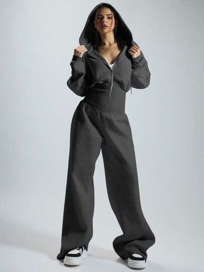 MUSERA 连帽拉链连体裤，收腰设计，休闲居家风格，胶囊衣橱必备单品，日常百搭，冬季机场时尚，黑色，春夏皆宜