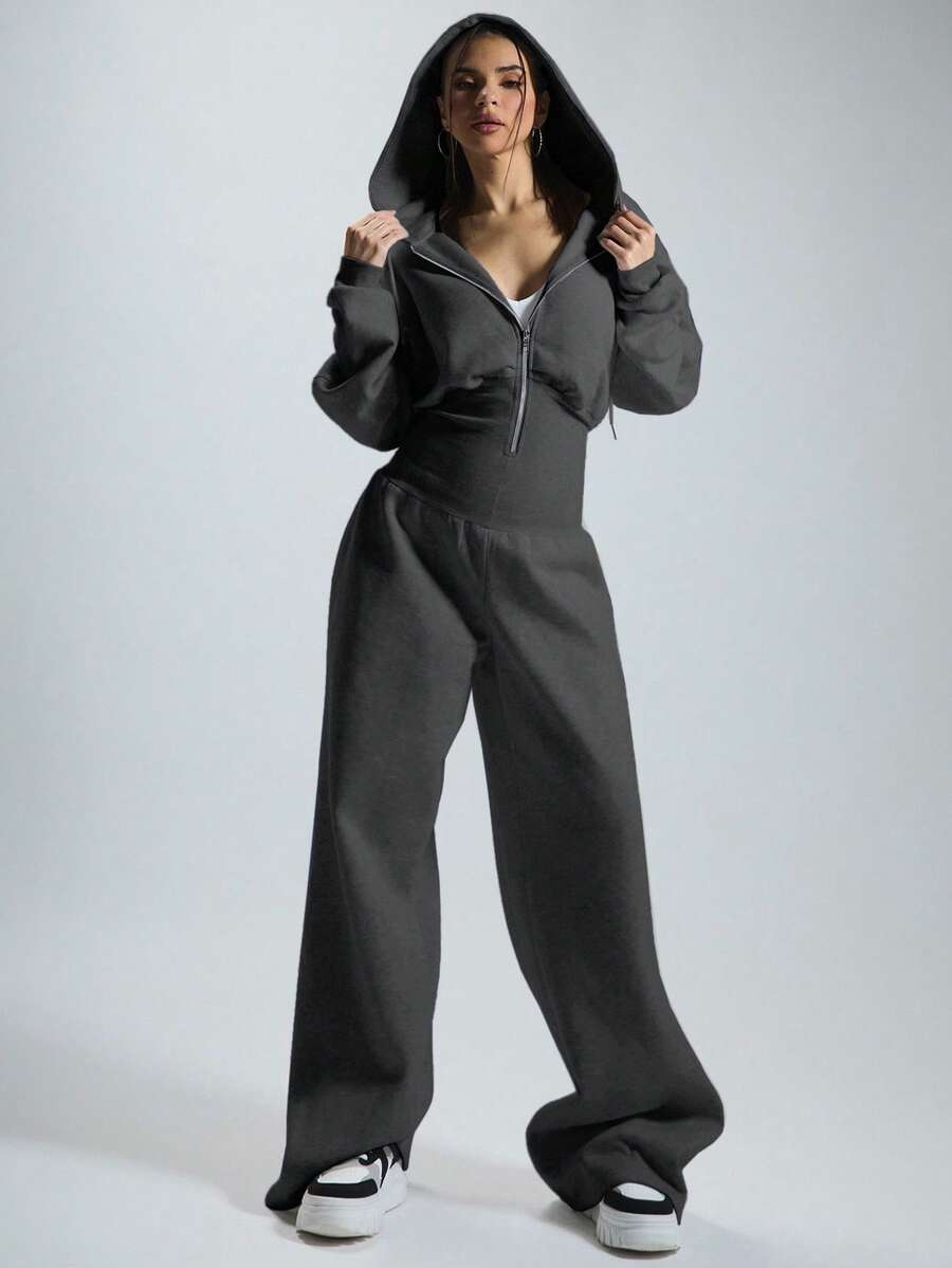 MUSERA 连帽拉链连体裤，收腰设计，休闲居家风格，胶囊衣橱必备单品，日常百搭，冬季机场时尚，黑色，春夏皆宜 - 深灰色 - 查看 1