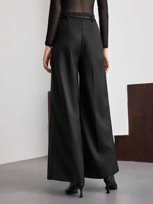 Ontre 女士黑色宽松百搭阔腿西装裤，带侧袋，正面倒褶设计，优雅精致的都市休闲商务装 - 黑色 - 查看 4