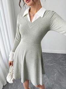 少女 V 领罗纹羊毛罗纹长袖 A 字修身休闲连衣裙，适合外出和聚会，简约风格 - 灰色 - 查看 5