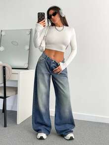 EURMUSE Modne, luźne, damskie jeansy z niskim stanem i prostymi nogawkami w kolorze niebieskim