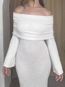 Andrea Bello 秋冬季圣诞节婚礼鸡尾酒会礼服女士纯色针织露肩长袖连衣裙，适合度假 - 米色 - 查看 6