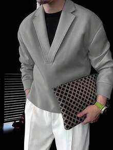 Manfinity Homme Men Solid Color Lapel Collar Plain Long Sleeve Going Out Casual Sweatshirt, Fall - Grey - View 4